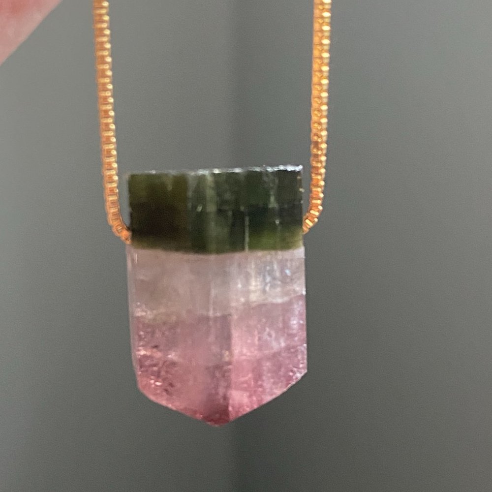 Pratt Daddy Bi-Color Tourmaline Pendant w/ 14k Gold filled chain Very Rare Stone